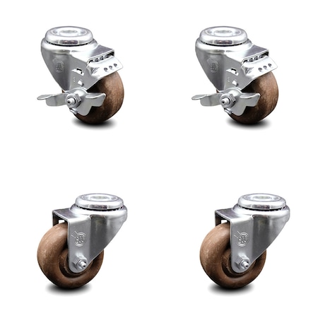 Service Caster 3.5 Inch High Temp Glass Filled Nylon Swivel Bolt Hole Caster Set with 2 Brakes SCC-BH20S3514-GFNSHT-2-TLB-2
